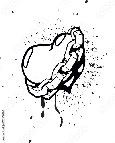 Heart wrapped in chain, graffiti, black and white drawing with drips and splashes.