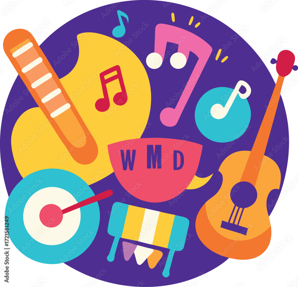 Obraz premium World Music Day poster illustration. Colorful vector design with musical instruments like guitar, and saxophone for a global music festival celebration