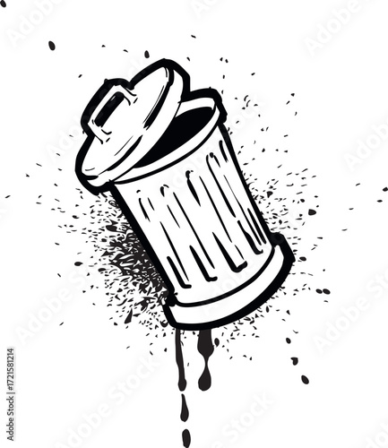 Trash can with a half-open lid, black and white graffiti, splashes.