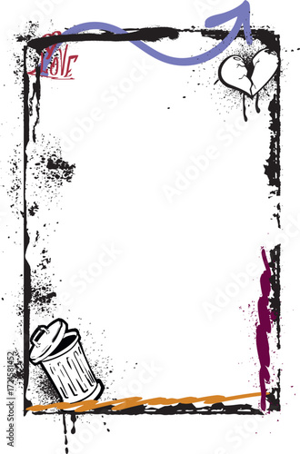 Abstract black and white frame in graffiti style, with broken heart, trash can and Love lettering.