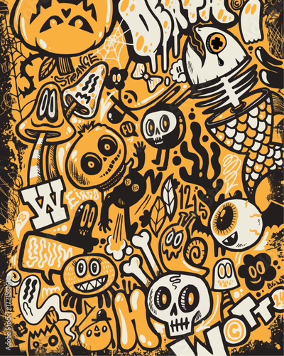 Whimsical Halloween doodles create a fun, spooky vibe perfect for invitations, t-shirts, and social media graphics for a trendy, youthful audience