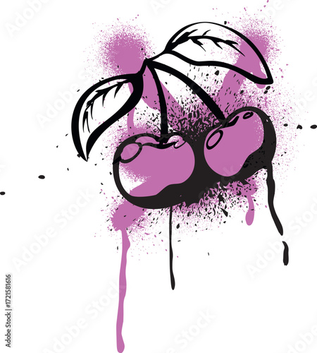 Black spray paint cherry berries twig with leaves on purple smears, graffiti spraying fruit ink splatters, street art