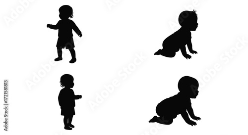 Silhouettes of babies in various poses against a plain white background