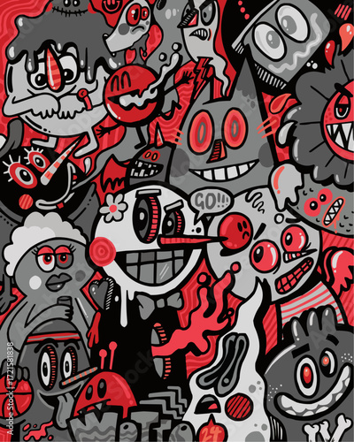 Funky cartoon characters create a bold and playful pattern, perfect for eye-catching designs, quirky branding, and unique advertising campaigns