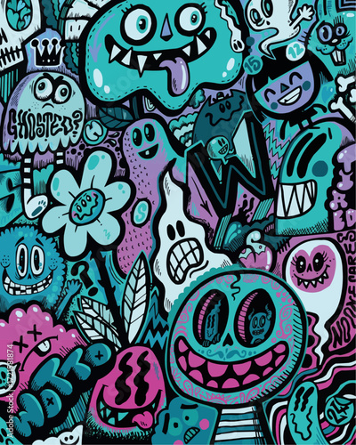 Vibrant and funky doodle artwork featuring whimsical monsters, cute ghosts, and playful characters, perfect for eye-catching designs and creative projects