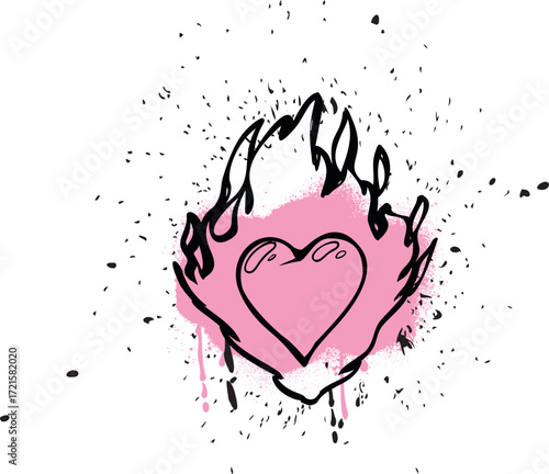 Graffiti heart inside flame, black and white, splashes, bright pink stain, drips, spray paint.