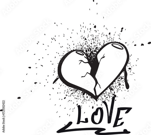 Vector graffiti broken heart with a crack, splashes, drips, the inscription "love".