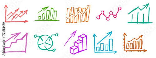 Growing Business Charts Crayon Chalk Drawing Doodle Vector Set