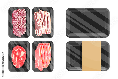 Set of meat product package tray with sliced bacon, beef, ham and sausage. Food packing for supermarket.