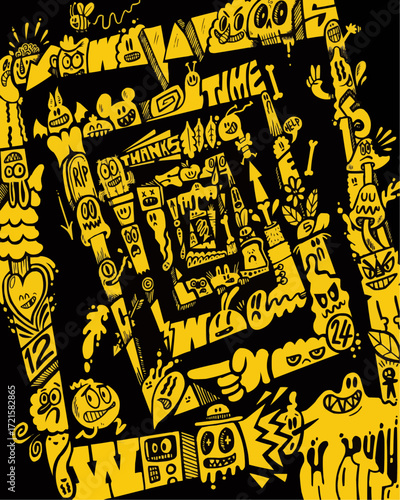 Whimsical cartoon chaos unfolds in a vibrant, stylized pattern, ideal for edgy designs, playful projects, or eye-catching backgrounds with character and fun