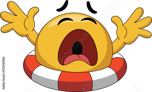 Drowning emoji screaming for help, floating on a lifebuoy with arms up, isolated on white background. Flat vector illustration