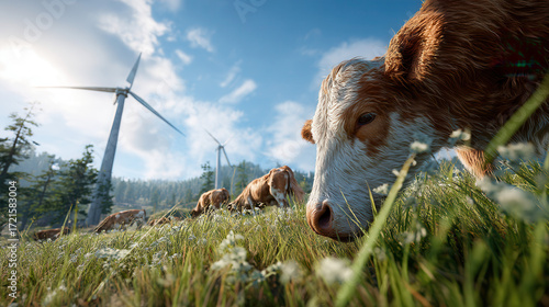 Cow grazing in green meadow with wind turbine and forest under blue sky on sunny day