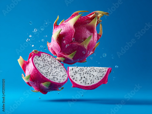 Bright pink dragon fruit slices with water droplets on blue background create a refreshing tropical vibe perfect for summer