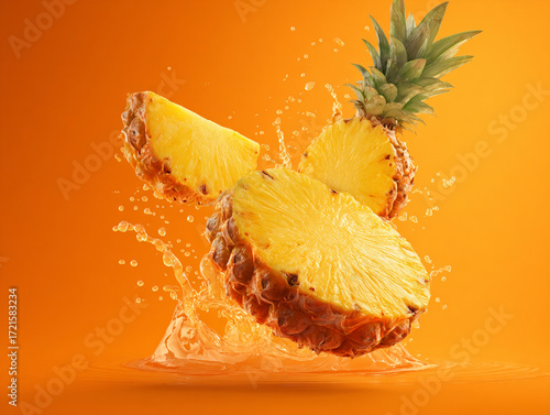 Slices of fresh pineapple splashing in vibrant orange backdrop creating a refreshing summer vibe