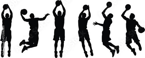 Basketball player silhouettes in action poses, slam dunk, shooting, jumping, training, sports exercise, athletic movement, competitive game, basketball illustration