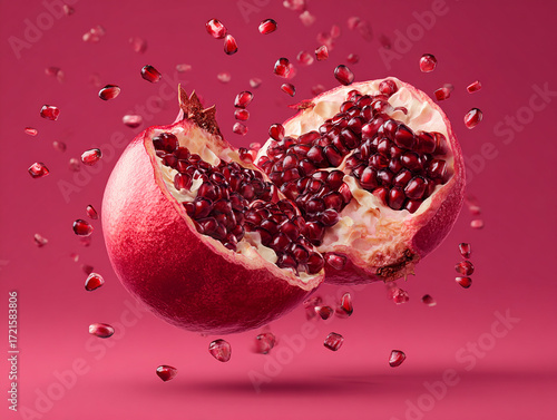 Bright red pomegranate is halved with juicy seeds spilling out against a vibrant pink background