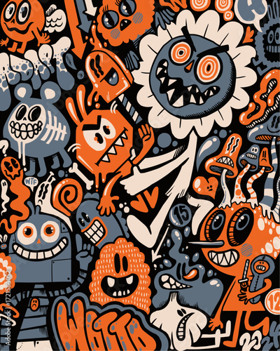 Vibrant, quirky cartoon monsters and characters create a playful, energetic, and slightly spooky scene perfect for creative projects and designs
