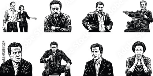 Black and white illustration, serious people, dramatic portrait, detective style, cinematic drawing, retro noir art, intense expression, vintage graphic design