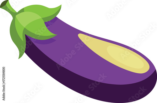 Scalable vector illustration of a halved purple eggplant with green stem and yellow flesh