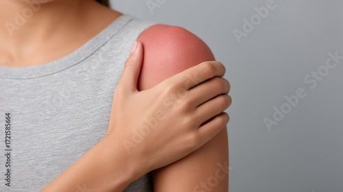Wallpaper Mural Close-Up of Woman's Hand Gently Massaging Her Own Shoulder in Casual Gray T-Shirt Against Plain Gray Background for Relaxation and Self-Care Concept Torontodigital.ca