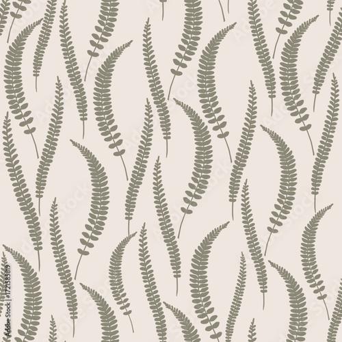 Seamless light pattern with meadow wild fern leaves on white background. Elegant pattern with delicate leaves. Vector. Template for fabric and textile, wallpaper, packaging