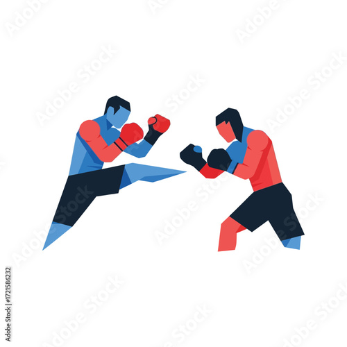 Two stylized fighters engage in a kickboxing match in a bright arena, showcasing athleticism and competitive spirit with dynamic poses.