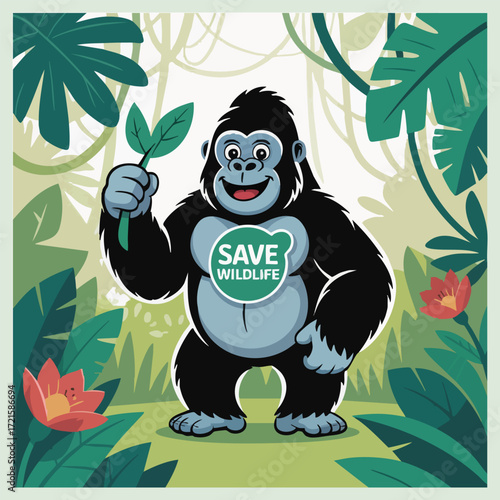 World Gorilla Day vector with strong adult gorilla, jungle foliage, and conservation symbols. Solid color design for endangered species awareness, nature protection, and eco-friendly projects.
