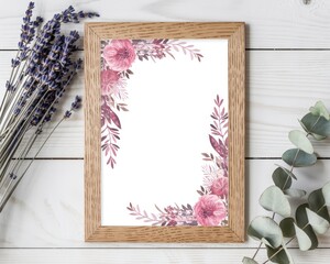 Wooden framed wedding invitation with pink floral border and lavender eucalyptus