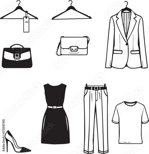 Black and white fashion vector set with women’s clothing, hangers, bags, blazer, dress, and high heels