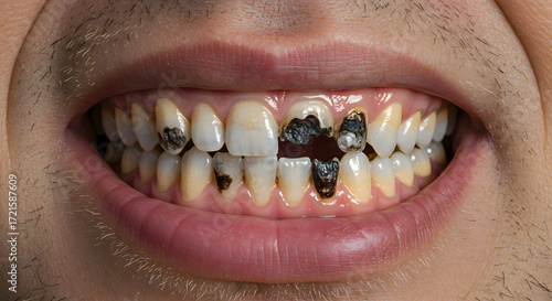 Damaged Teeth Close-Up Yellow, Decayed, and Cavities Detail