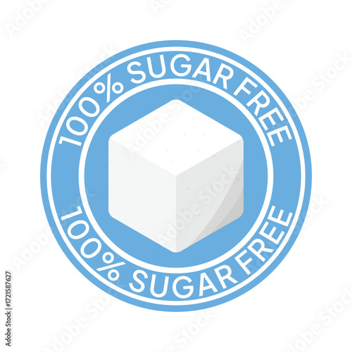 Zero percent blue circle sugar vector label design isolated on white. Minimalist design for food and drink packaging icon, sign, sticker, seal, stamp 100 percent sugar free