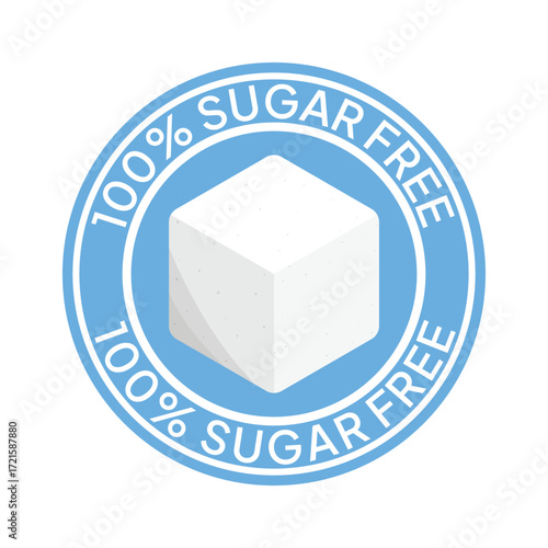 Zero percent blue circle sugar vector label design isolated on white. Minimalist design for food and drink packaging icon, sign, sticker, seal, stamp 100 percent sugar free