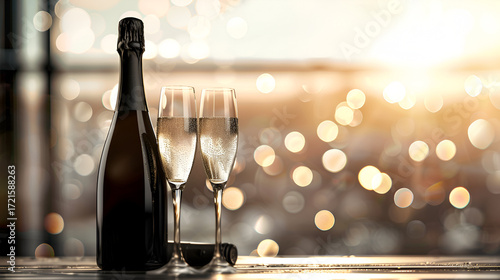 Champagne glasses and bottle with sparkling golden bokeh celebration lights