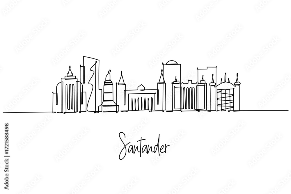 Fototapeta premium Single line drawing of Santander skyline with cultural landmarks