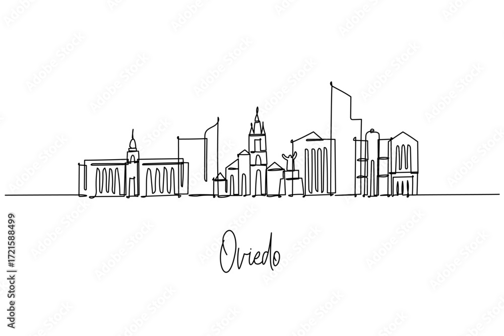 Obraz premium One line drawing of Oviedo city skyline with iconic architecture