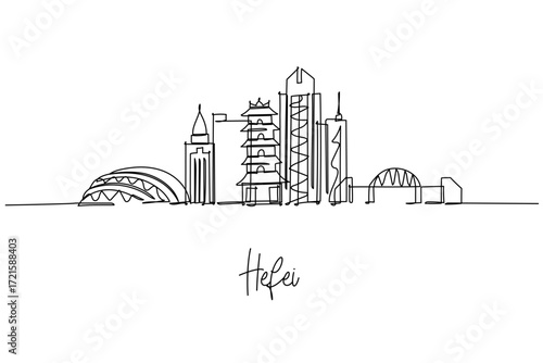 Continuous line drawing of Hefei skyline with pagoda and towers