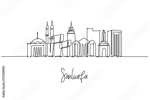 Single line drawing of Sanliurfa skyline with mosque and monuments