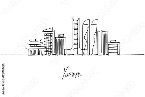 Single line drawing of Xiamen skyline with temples and skyscrapers