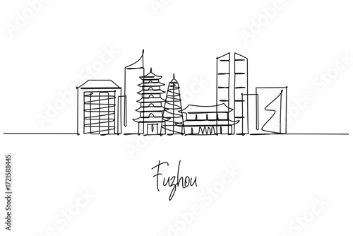 One line drawing of Fuzhou skyline with temples and pagodas