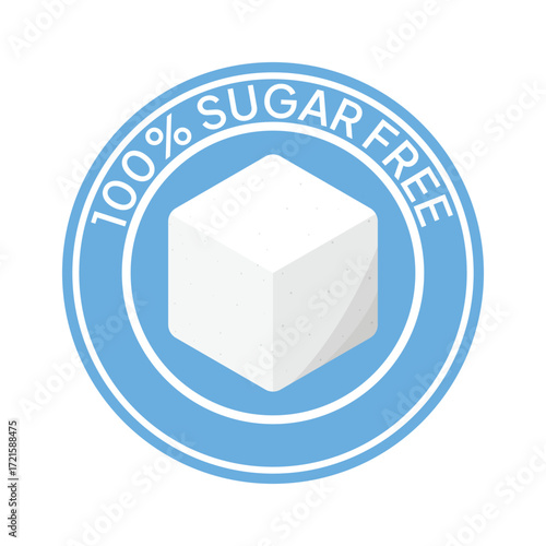 Zero percent blue circle sugar vector label design isolated on white. Minimalist design for food and drink packaging icon, sign, sticker, seal, stamp 100 percent sugar free