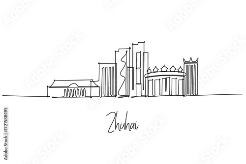 One line drawing of Zhuhai skyline with towers and cultural sites