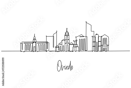 One line drawing of Oviedo city skyline with iconic architecture