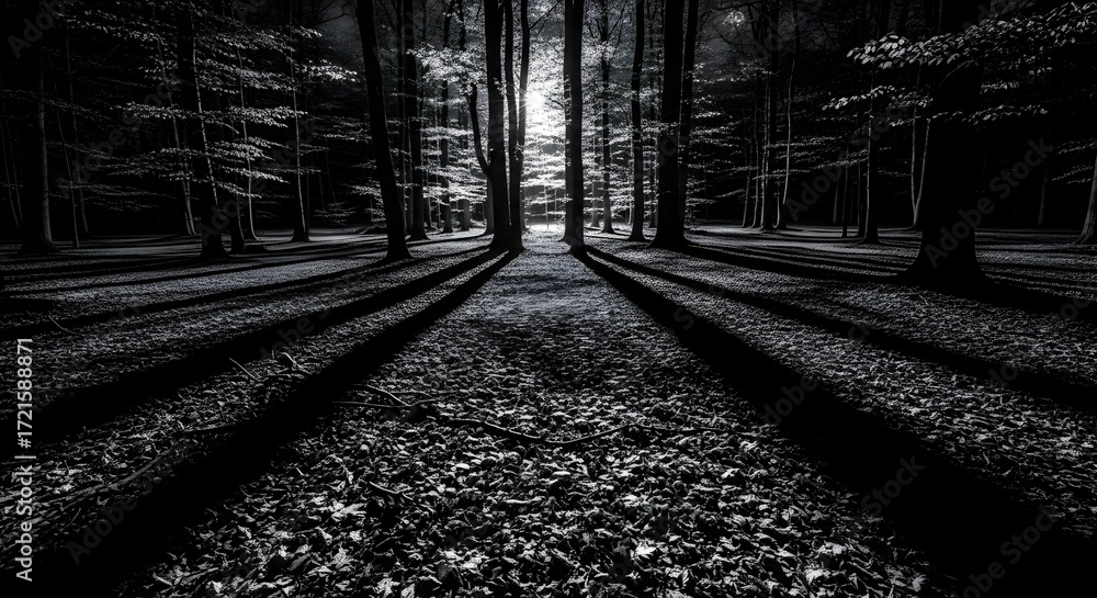 Fototapeta premium Monochromatic forest path bathed in dramatic light and long shadows