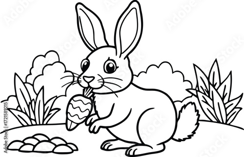 a liner art of rabbit eating carrot, coloring book