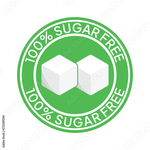 Zero percent blue circle sugar vector label design isolated on white. Minimalist design for food and drink packaging icon, sign, sticker, seal, stamp 100 percent sugar free