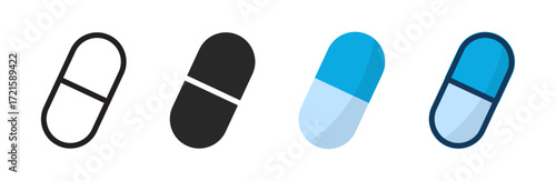 Capsule pill icons representing medicine, healthcare, pharmaceuticals, medication, treatment, health, and wellness in four color variations