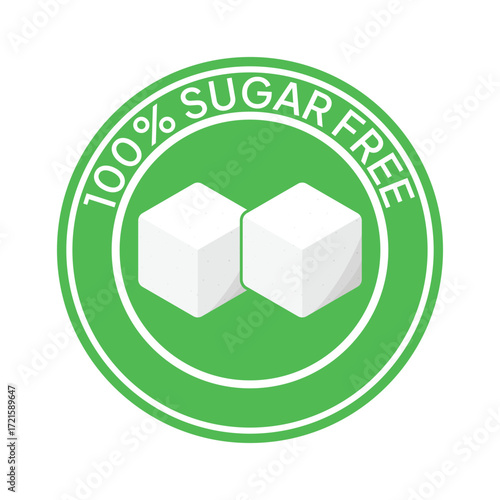 Zero percent blue circle sugar vector label design isolated on white. Minimalist design for food and drink packaging icon, sign, sticker, seal, stamp 100 percent sugar free
