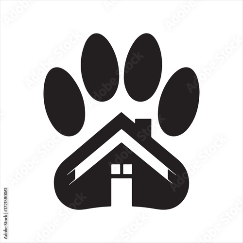 Dog Paw with House vector Silhouette line art logo design concept illustration