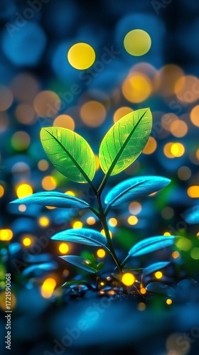 A luminous emerald green new beginnings plant new beginnings sprout, bathed new beginnings in a dreamy glow of warm golden and tranquil azure bokeh lights symbolizing new life discovery and growth in 