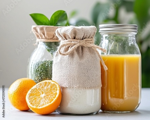 Rustic collection of wholesome homemade beverages and clean eating inspiration, ingredients featuring bright clean eating inspiration fresh oranges creamy plant milk and clean eating inspiration nouri